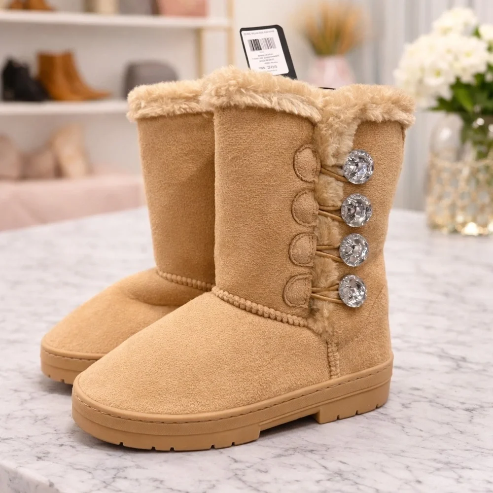 Bebe Girls Faux Fur Lined Boots Tan Rhinestone Button Winter Boots Size 13